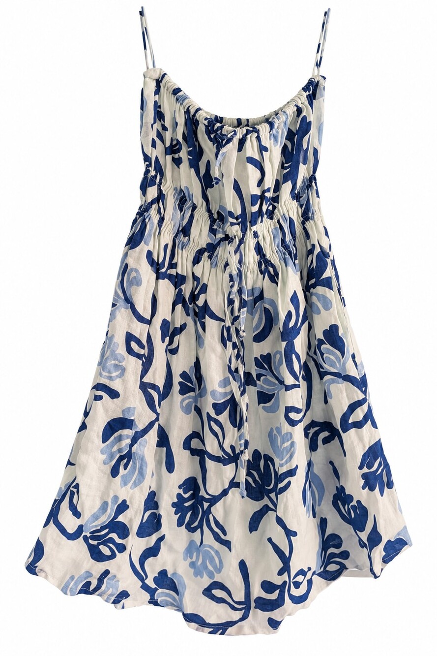 Faithfull The Brand Strapless Blue Floral Linen Mini Dress Size 8
